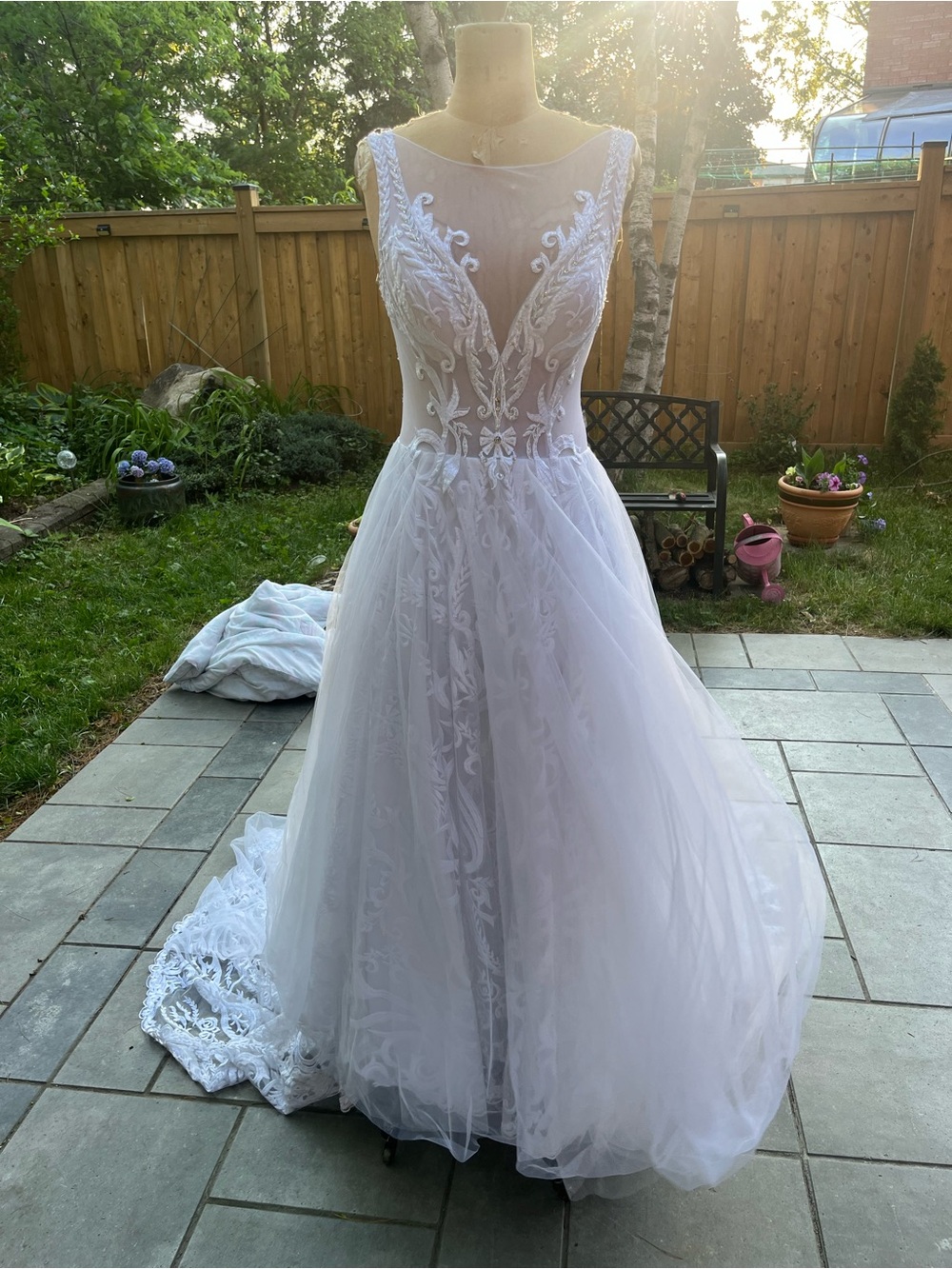 Mistrelli  White Lace A-Line Wedding Dress with Sheer Bodice